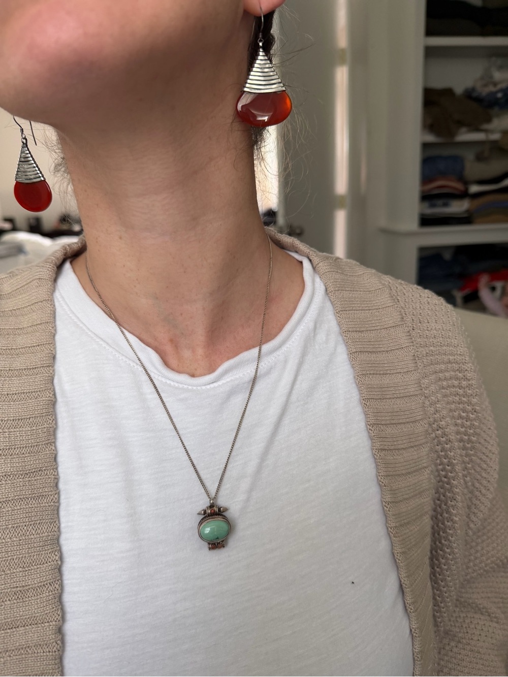 Vintage Tibetan Style Turquoise & Coral “Gau” Stones on a Sterling Silver Chain